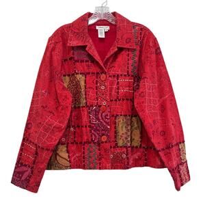 Coldwater Creek Red Patchwork Cotton Button-Up Jacket Sz L Boho Folk Art Style
